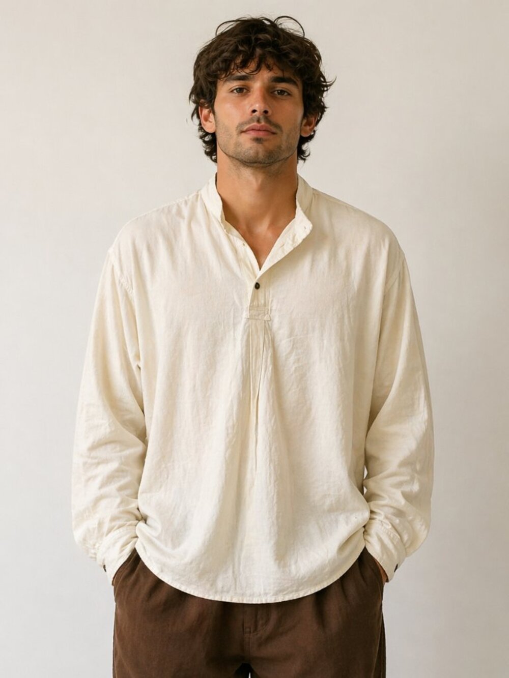 Artesanias Ishka Long Sleeve 1/4 Button Pullover Cotton Shirt Neutral